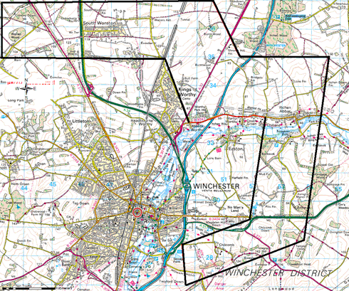 Figure 1.1: Winchester and selected corridor (Source: OS Explorer Map).