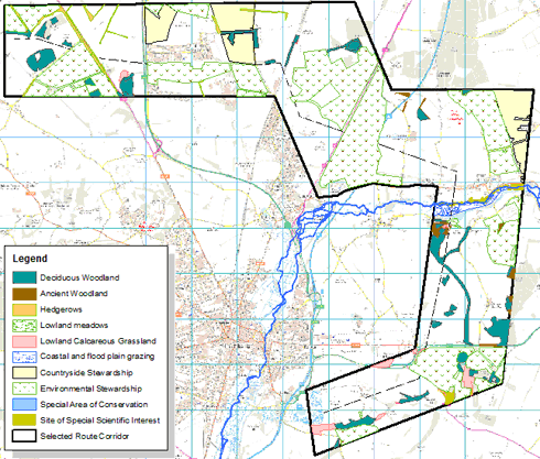 Figure 14.2: Proposed pipeline route in the selected corridor highlighting biodiversity and habitat.