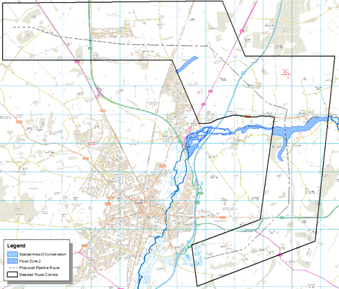 Figure 14.3: Proposed pipeline route in the selected corridor highlighting water resources and flood risk.