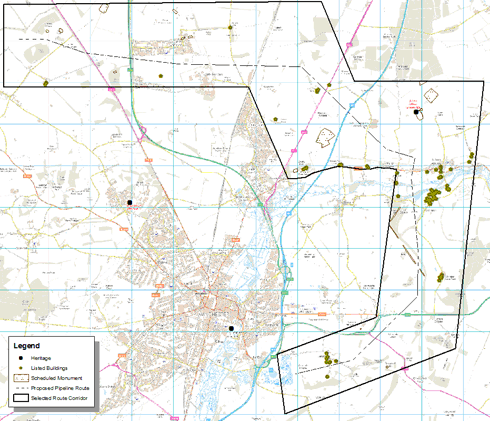 Figure 14.4: Proposed pipeline route in the selected corridor highlighting archaeological features.