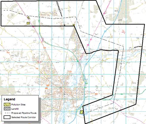 Figure 14.5: Proposed pipeline route in the selected corridor highlighting pollution sites and landfill areas.