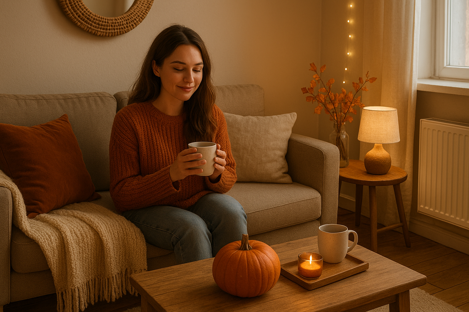 Student sitting in a decorated dorm room