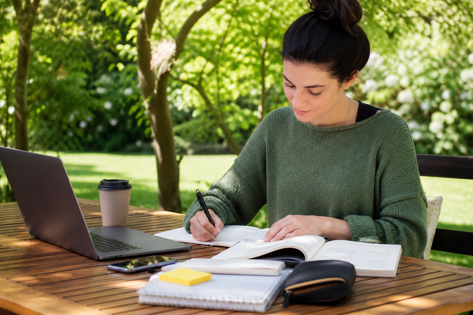 A student studying outside